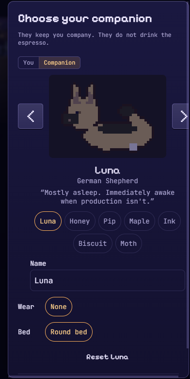 The game's companion picker showing Luna, a German Shepherd, asleep