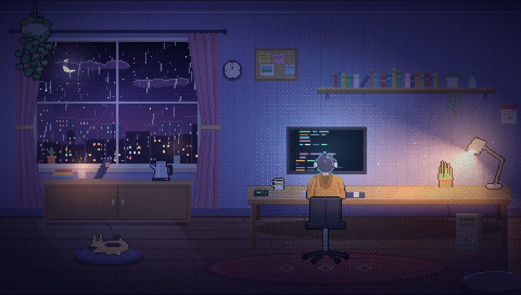 Calm night room with Luna asleep by the window